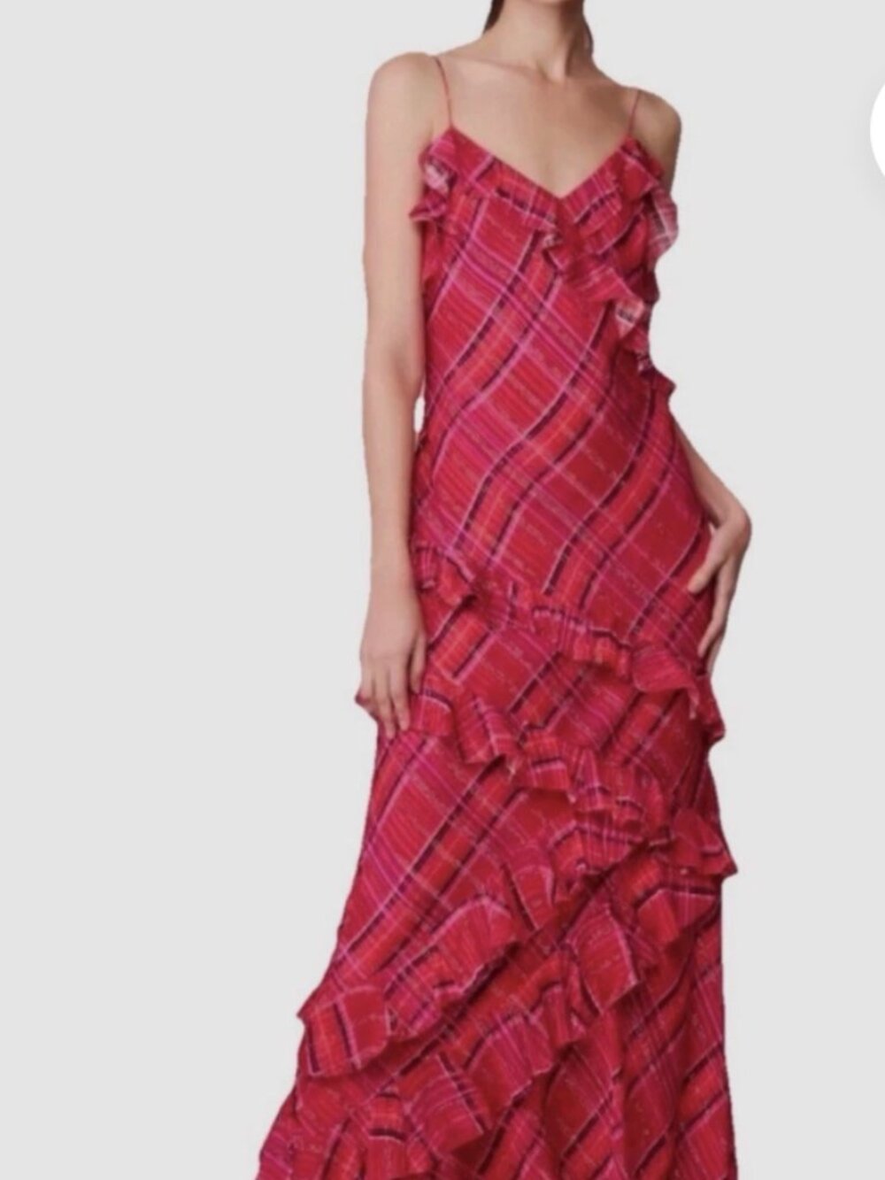 LoveShackFancy Rialto Cheery Red Plaid Metallic Ruffle Maxi Dress NWT